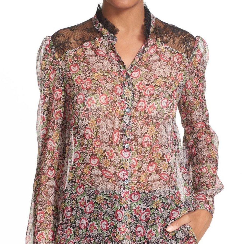 KOOPLES Sheer Floral Blouse Silk Chiffon Lace Trim WOW gorgeous - Picture 1 of 14